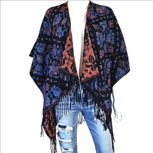 Hollister Black Blue & Rust Damask Print Soft Fringed Oversized Cardigan…